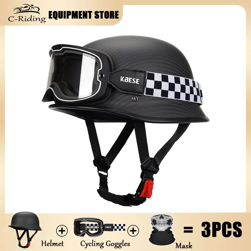 DOT Approved Half Face Helmet with Goggles 1/2 Low Profile Motorcycle Open Helmets Carbon Fiber Shell Cascos Para Motos