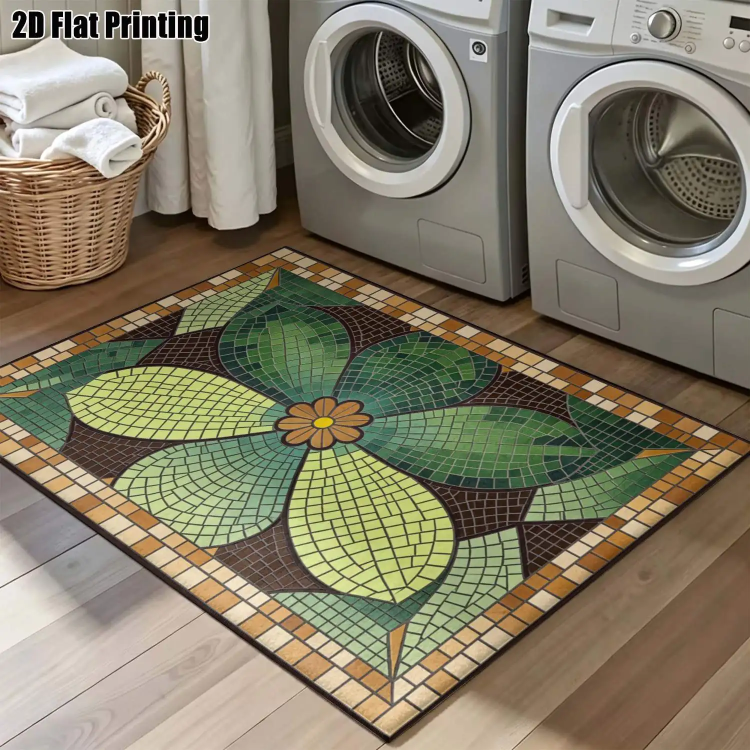 1Pc 2D Printed Carpet: Green-Blue Floral Mosaic, Vintage & Nordic Style, Machine Washable, Multi-Size, Ideal for Home Decor & Various Settings