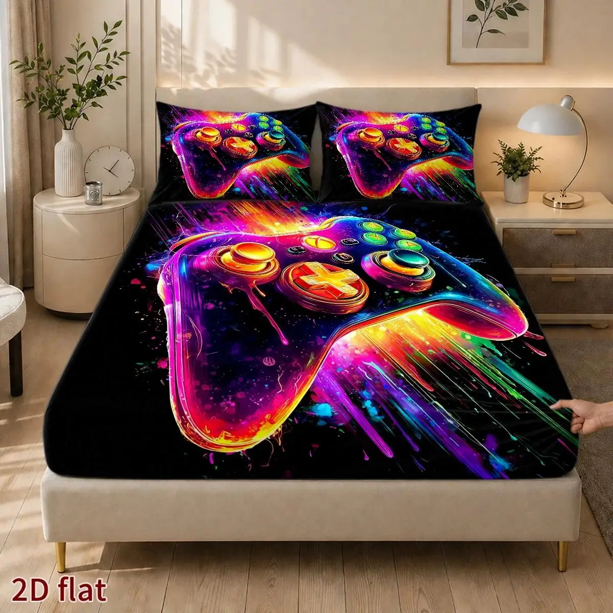 3-Piece Mattress Protector Set, 1 Fitted Sheet + 2 Pillowcases (Without Filling) 2D Flat Priting, Colorful Game Controller Theme, Abstract Art Style, Video Game Festival, Suitable for All Seasons, Machine Washable, Can Be Used in Home, Dormitory, Master Bedroom, Guest Room