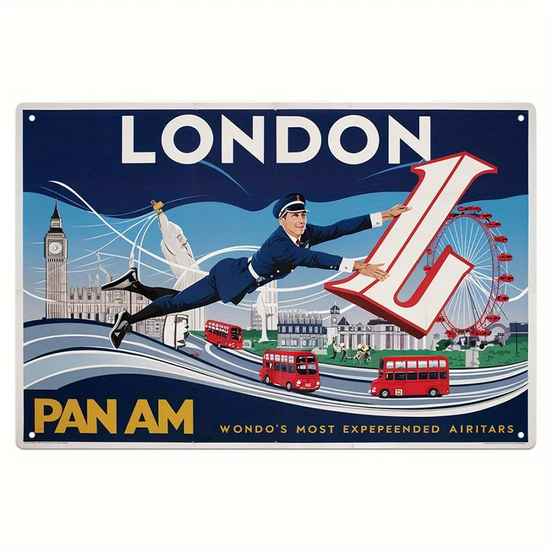 Vintage London-Themed Metal Poster - Big Ben, Red Buses & London Eye Wall Art - Retro Travel Decor - Easy Hang with Pre-Drilled