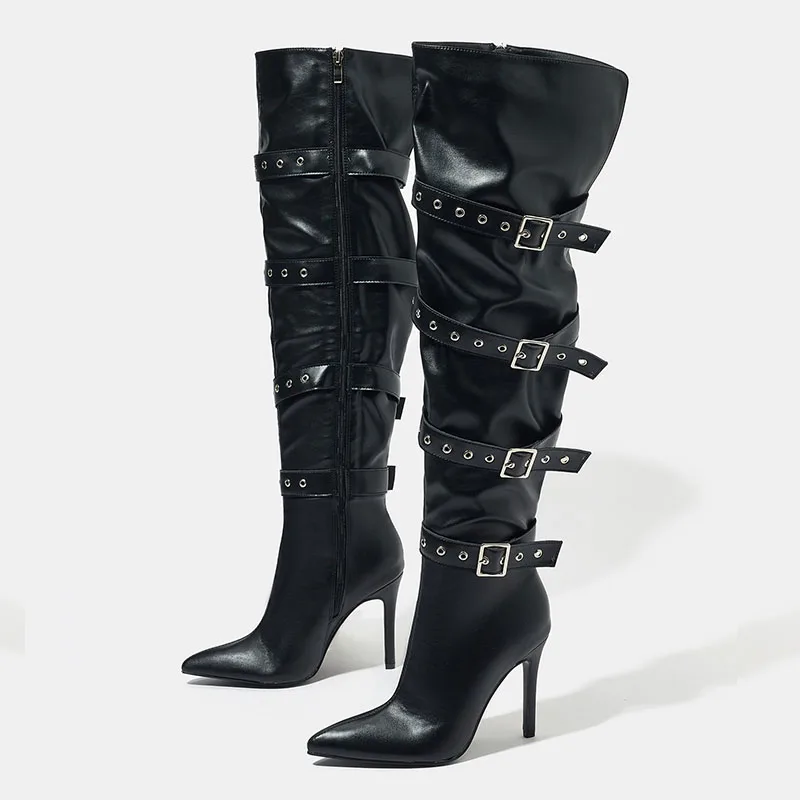 

Black Women Buckle Strap Over The Knee Boots Pointed Toe Party Ladies Thin Heels Shoes Fashion Zippers Thigh High Shoes
