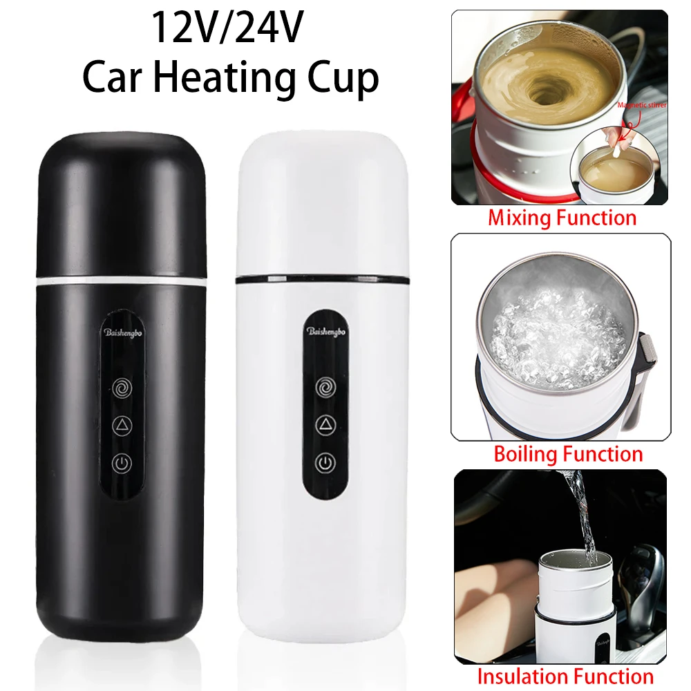 12V/24V Car Heating Cup Portable Electric Kettle w/ Automatic Stirring Function Water Warmer Bottle Car Heating Cup LCD Display