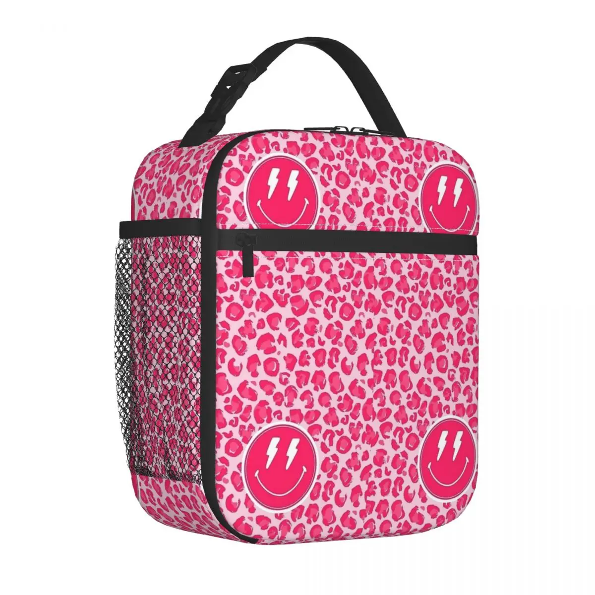 Preppy Esthetische Roze Luipaardprint Smile Geïsoleerde Lunchzakken Thermische Zak Maaltijdcontainer Hoge Capaciteit Draagtas Lunchbox Voedselzak