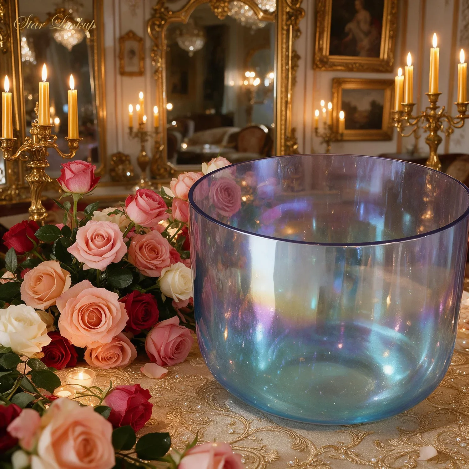 Dreamy Romantic Gradient Color Crystal Singing Bowl Tibetan Style Wooden Bowl for Meditation Sound Healing