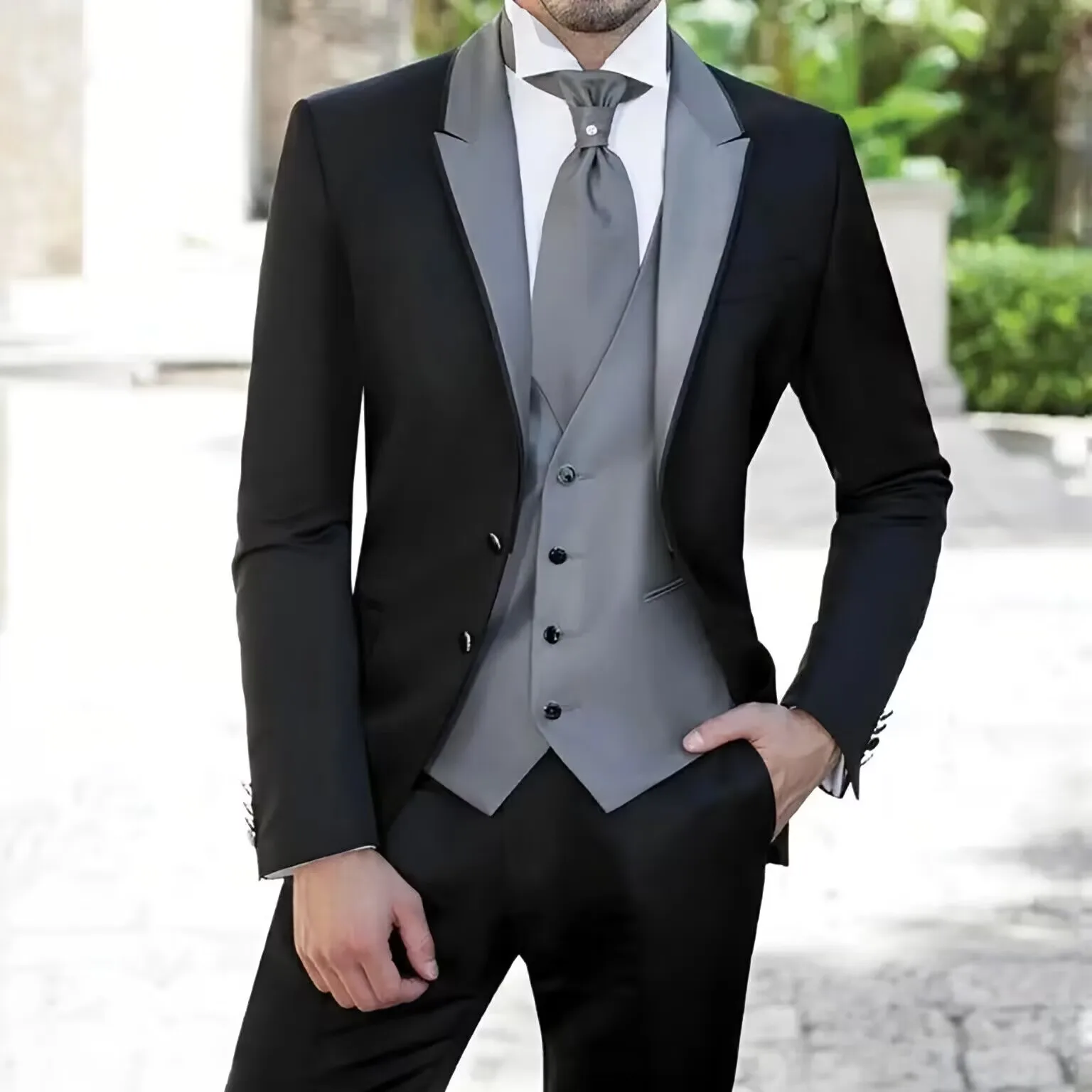 

Men Suit 3 Pieces Black With Gray Lapel Vest Single Button For Wedding Banquets Business Daily Tuxedos Suit Jacket Vest Pants