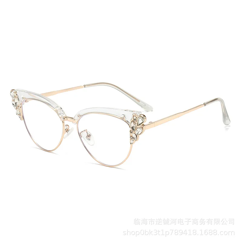 Women Rhinestone Cat Eye Blue Light Blocking Glasses Full Frame Flat Lens Elegant Party Costume Eyewear for Round Face