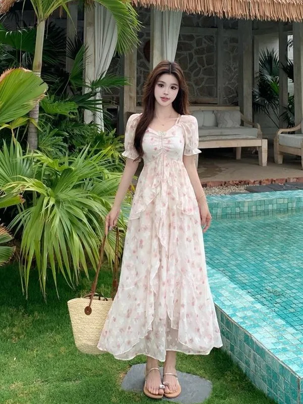 

Sweet Short Sleeve Women's Dress with Ruffle Hem A-Line Long Skirt plus Size Summer New Style Waist Cinching Belly Covering