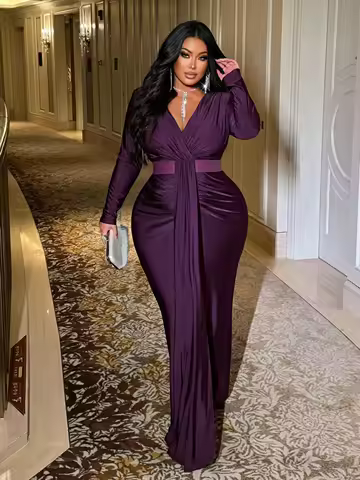 Plus Size Purple Deep V-Neck Long Sleeve Fitted Maxi Dress for Evening Events