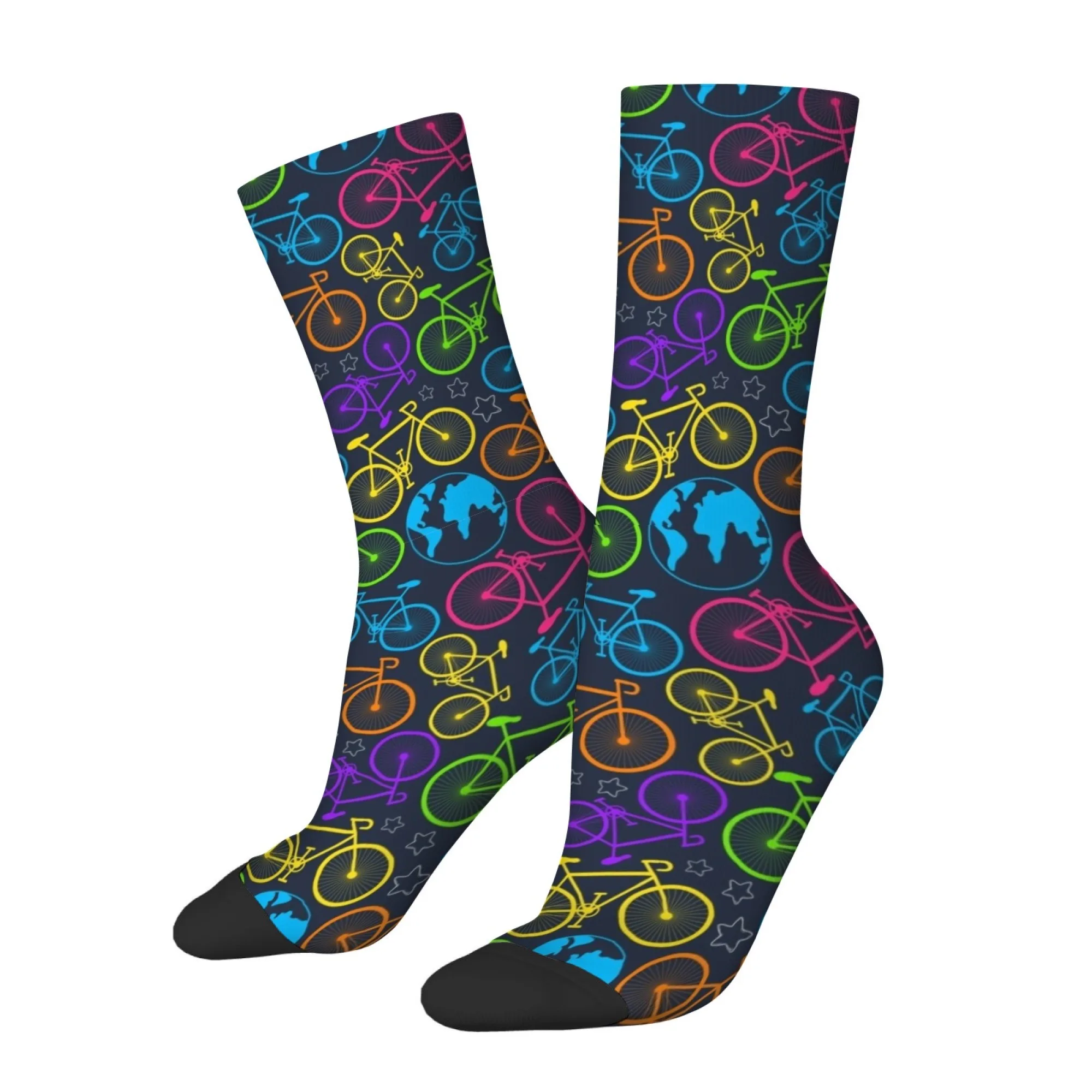 Colorful Bicycle Globe Print Socks Lightweight Suitable for Cycling Sports Fitness Men's Socks Street Style Trendy Holiday Gift