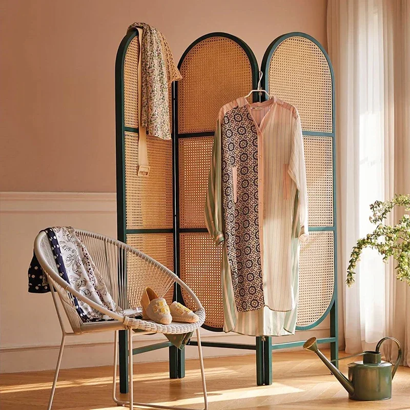 Japanese Retro Solid Wood Rattan Floor Folding Subareas Screens