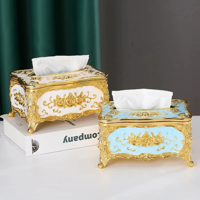 European-Style Tissue Box Living Room Desktop Tissue Box Retro Luxury Tissue Case Rose Patterned Napkin Holder Home Decoration