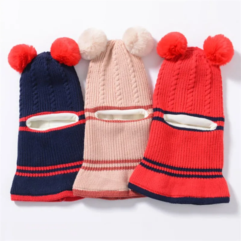 Beanies Baby Ring Hat Pompom Winter Children Hats Knitted Cute Cap for Baby Girls Boys Warm Fleece Lining Earflap Caps for Kids