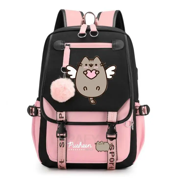 Fat Cat Cartoon Backpacks for School Students Girls Book Bag Simple Laptop Computer USB Backpack Lady Multipocket Travel Bags