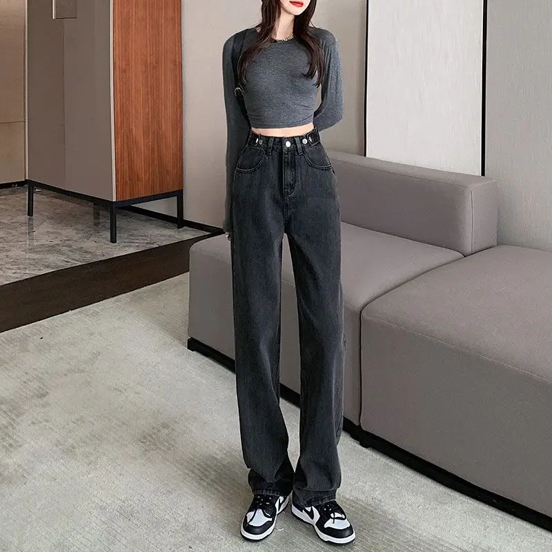 

Женские джинсы с высокой талией и широкими штанинами, свободного кроя, прямые брюки, осенняя новинка, повседневный стиль