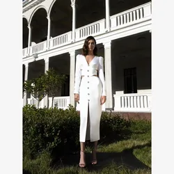 Women's Midi Bandage Dress V Neck Split Hollow Out White Elegant Bodycon Sexy Full Sleeve Celebrity Evening Party Dresses