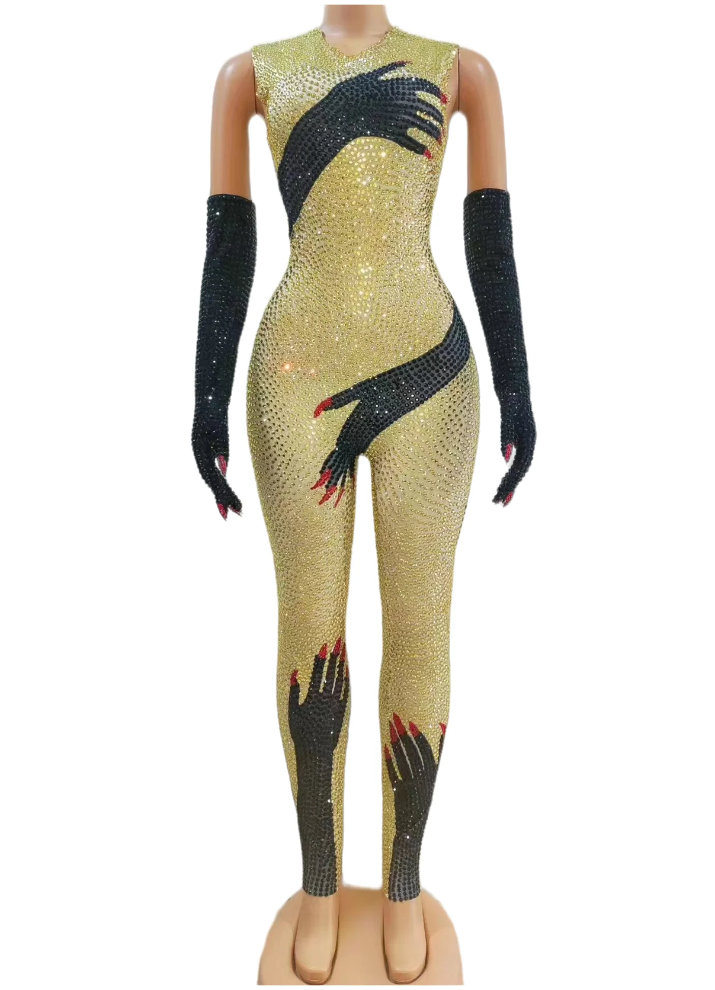 Black Gold Sequins Jumpsuit Gloves Sexy PoleDance Outfit Women Di Ds Party Gogo ClothingClubwear Drag Queen Costume