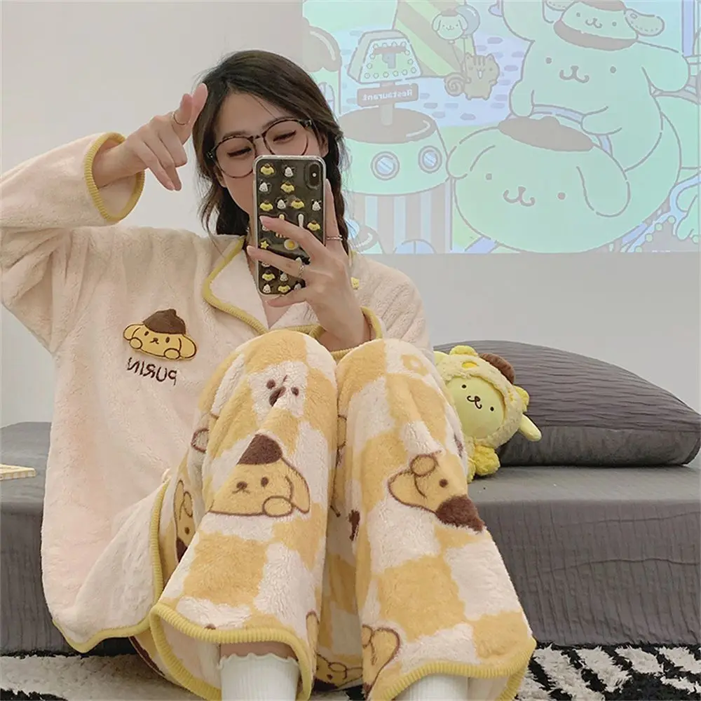 Anime Sanrios My Melody Woman Pajamas Flannel Kawaii Cinnamoroll Kuromi Fall Winter Cute Cartoon Home Clothes Set Woman Clothes