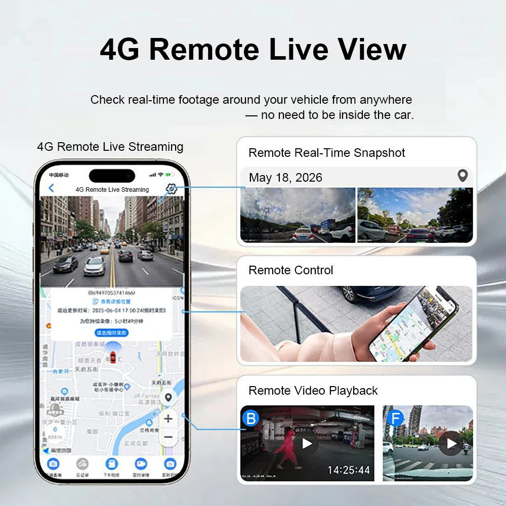 4G 4K Stream Dash Cam 2CH ADAS Sentry GPS RemoteSnap Blind Spot 24H Parking Time Lapse Night Vision App Motion G-Sensor Loop Rec