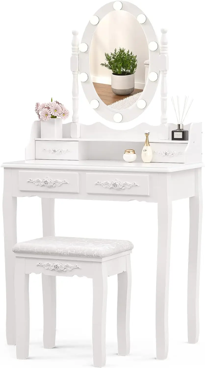 Alohappy Girls Makeup Vanity Set, Dressing Table Desk with Lighted Mirror and Stool, Makeup Table with 4 Drawers for Bedroom,