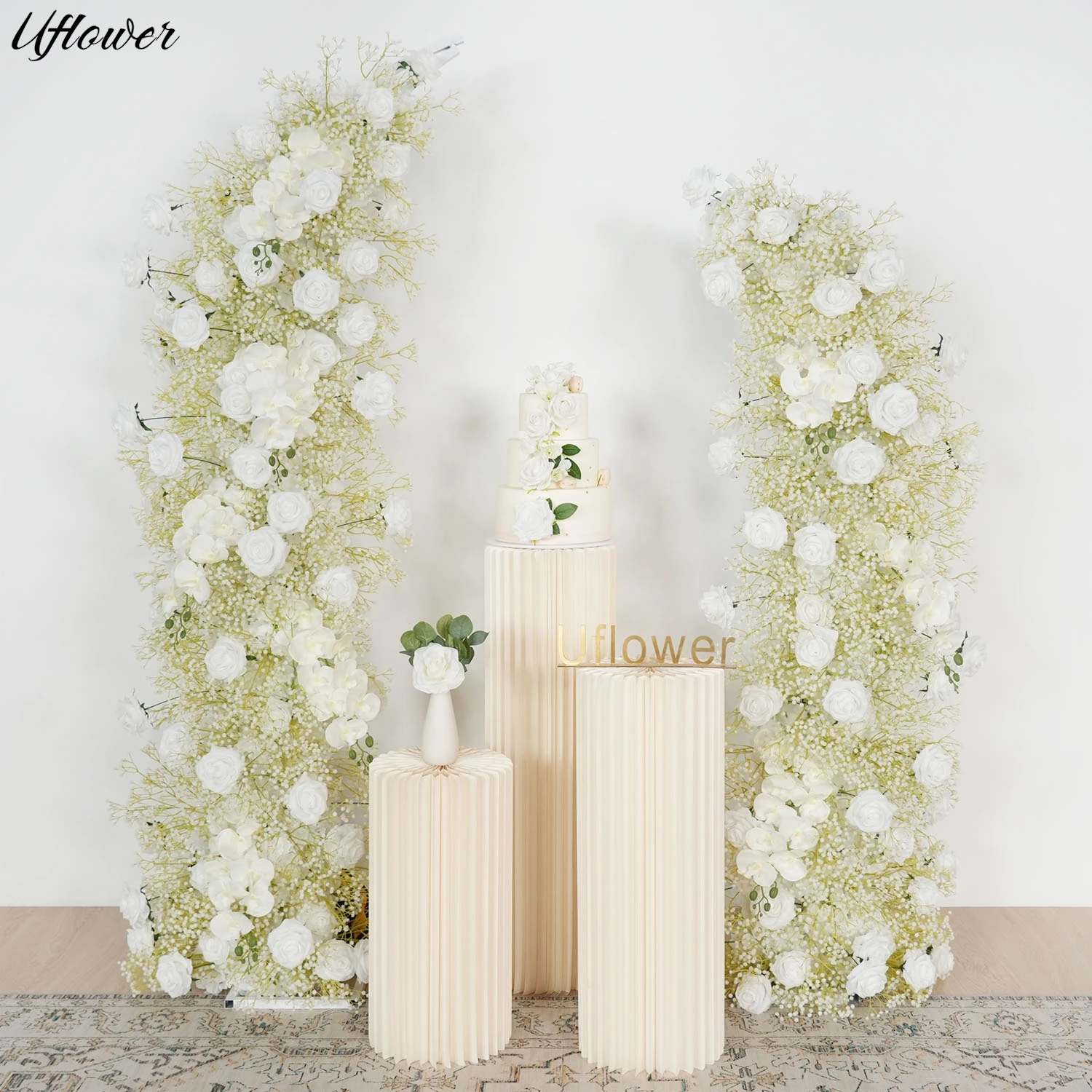 

Uflower White Rose Gypsophila Flower Row Wedding Decoration Party Backdrop Horn Arch Frame Floral Arrangement Window Display