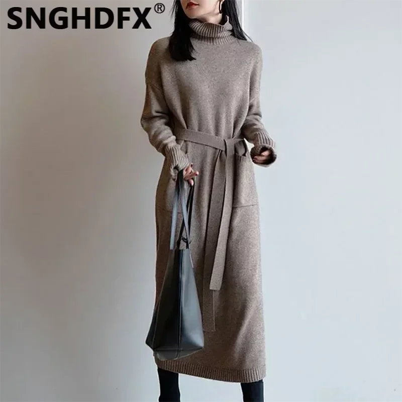 

SNGHDFX Women's Knitted Sweaters Dresses Turtleneck Female Clothing Fashion Long Sleeve with Belt Pockets 2024 New Autumn Winter