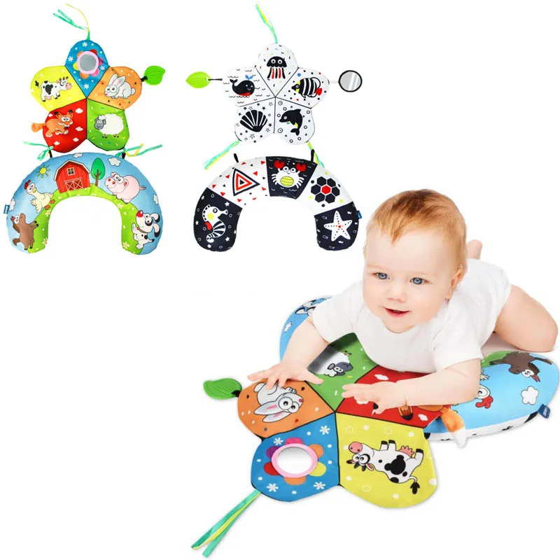 Baby Early Learning Soft Pillow Cartoon Crawling Pillow with Teether Sounding Paper Baby Sensory Crawling Toys