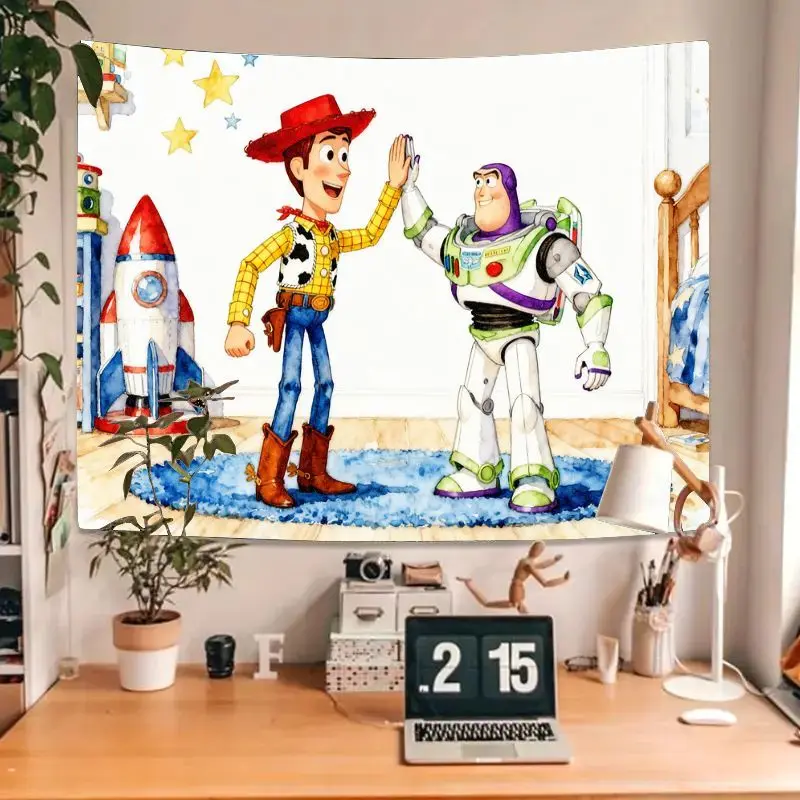 1 Buah Disney Pixar Toy Story Woody & Buzz Lightyear High Five Tapestry Hiasan Dinding Dekorasi Seni Petualangan untuk Kamar Tidur Anak-anak Kamar Asrama
