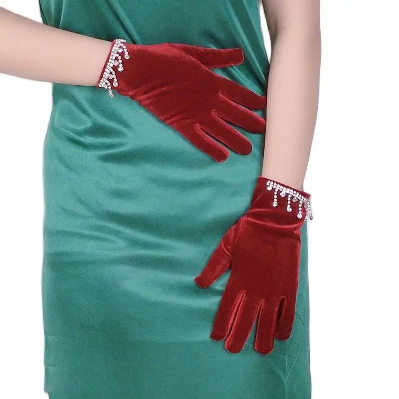 Women Gloves Fashion Wrist Rhinestone Tassels Elastic Velour Evening Party Short Style Gold Velvet Gloves Female Wine Red H20