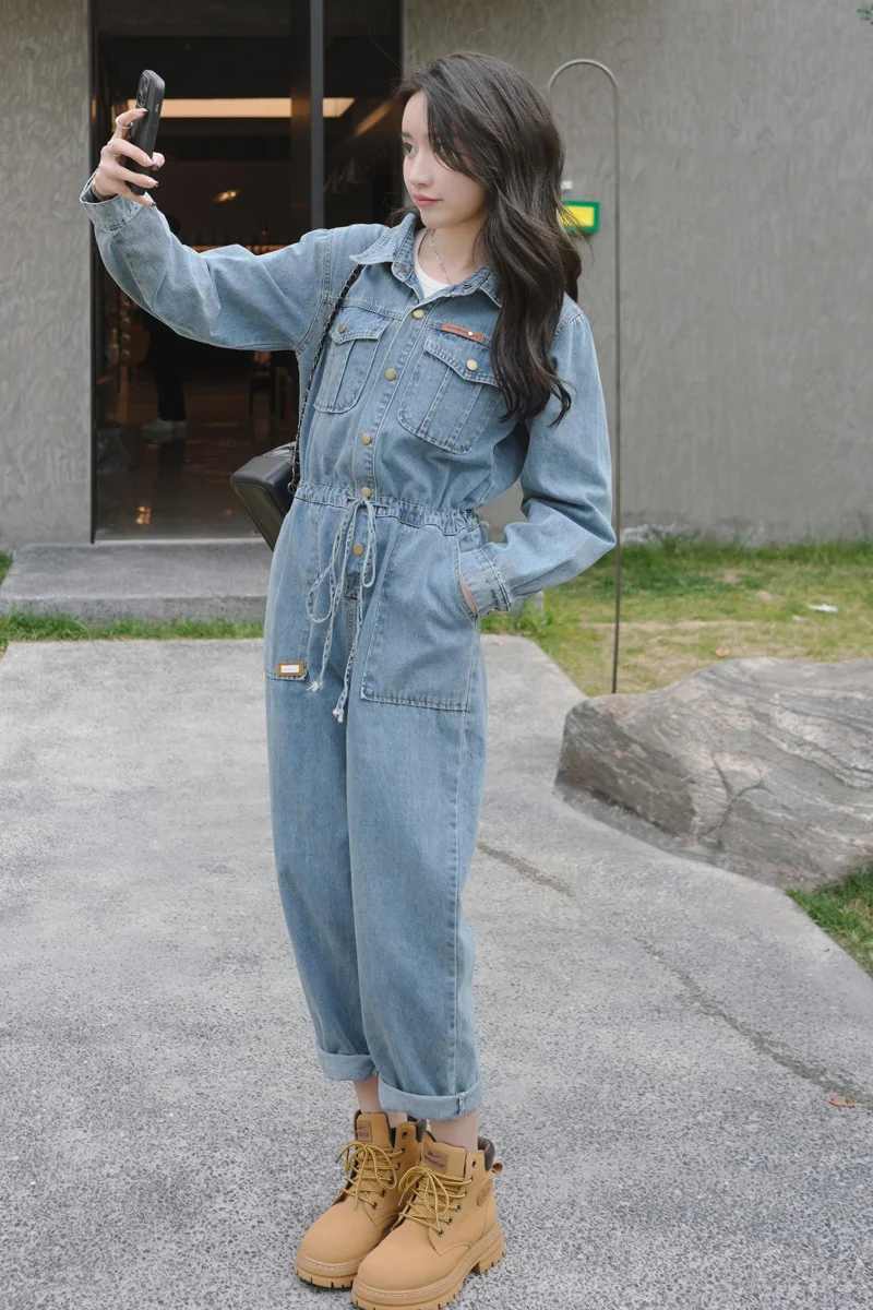 

Модный джинсовый комбинезон с высокой талией, длинные брюки, весна-осень, новинка, женский, стройнящий, антивозрастной, цельный костюм YLYY270-2308