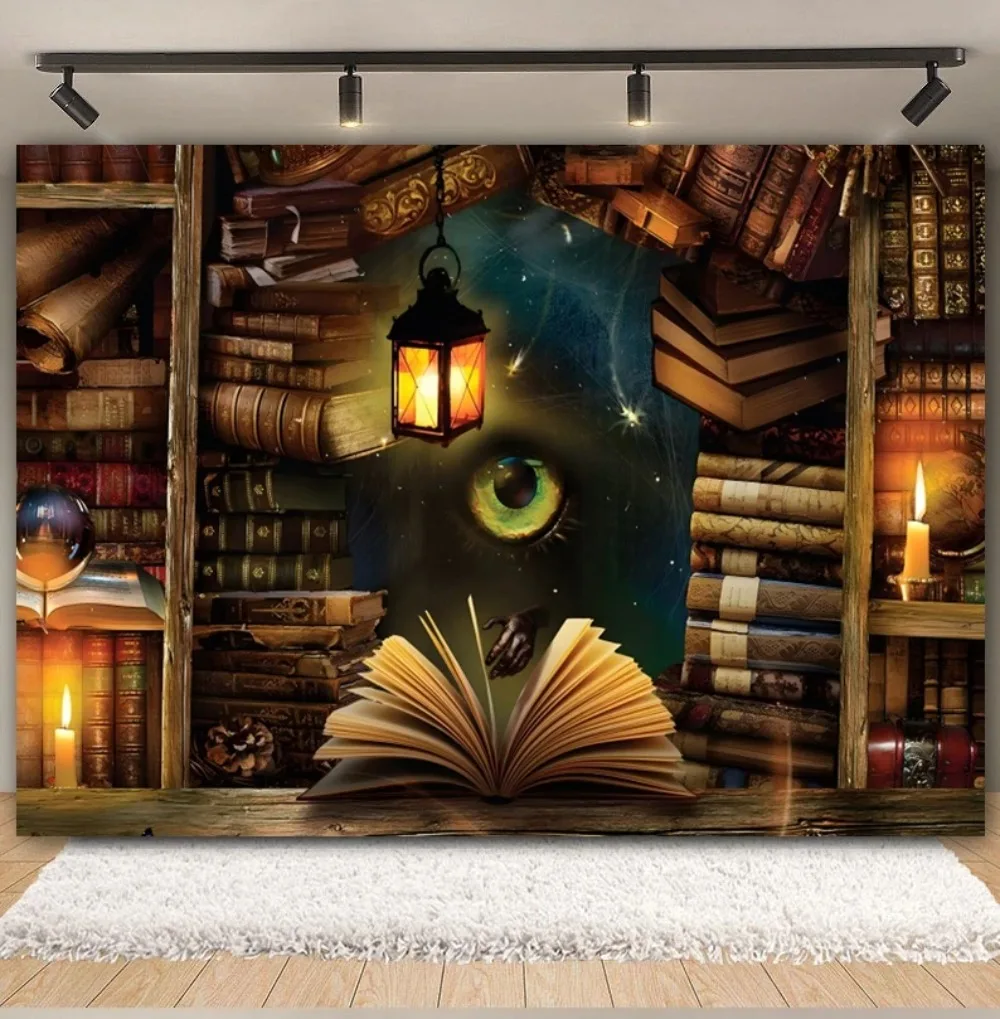 

Halloween Backdrops Retro Library Bookshelf Books Magic Soup Witch Black Cat Pumpkin Skull Hallow Photography Background Decor