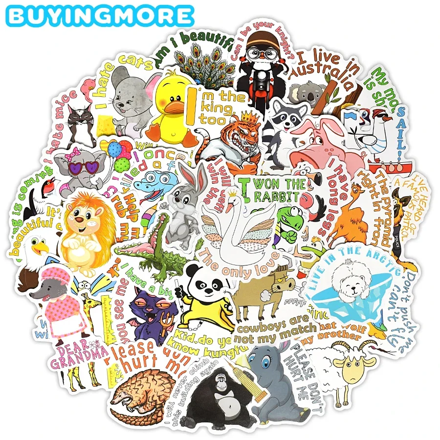 50 PCS Cartoon Animal Stickers Saying Proverb Funny Animal Cute Stickers for Kids DIY Scrapbook Car Bike Kettle Decal Waterproof