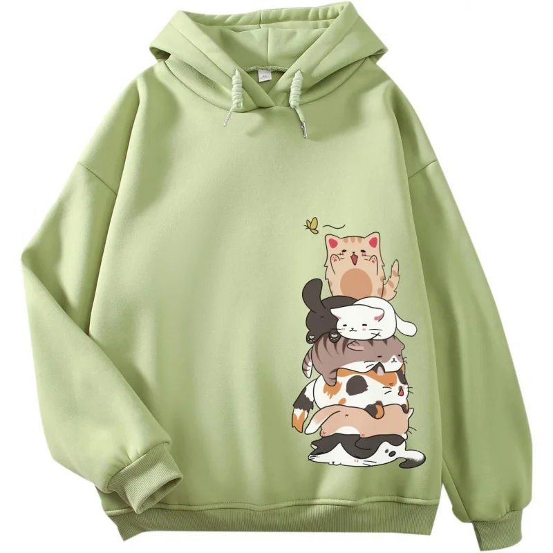 Sudadera con capucha deportiva holgada de talla grande para mujer con estampado de dibujos animados y estampado de gato lindo navideño