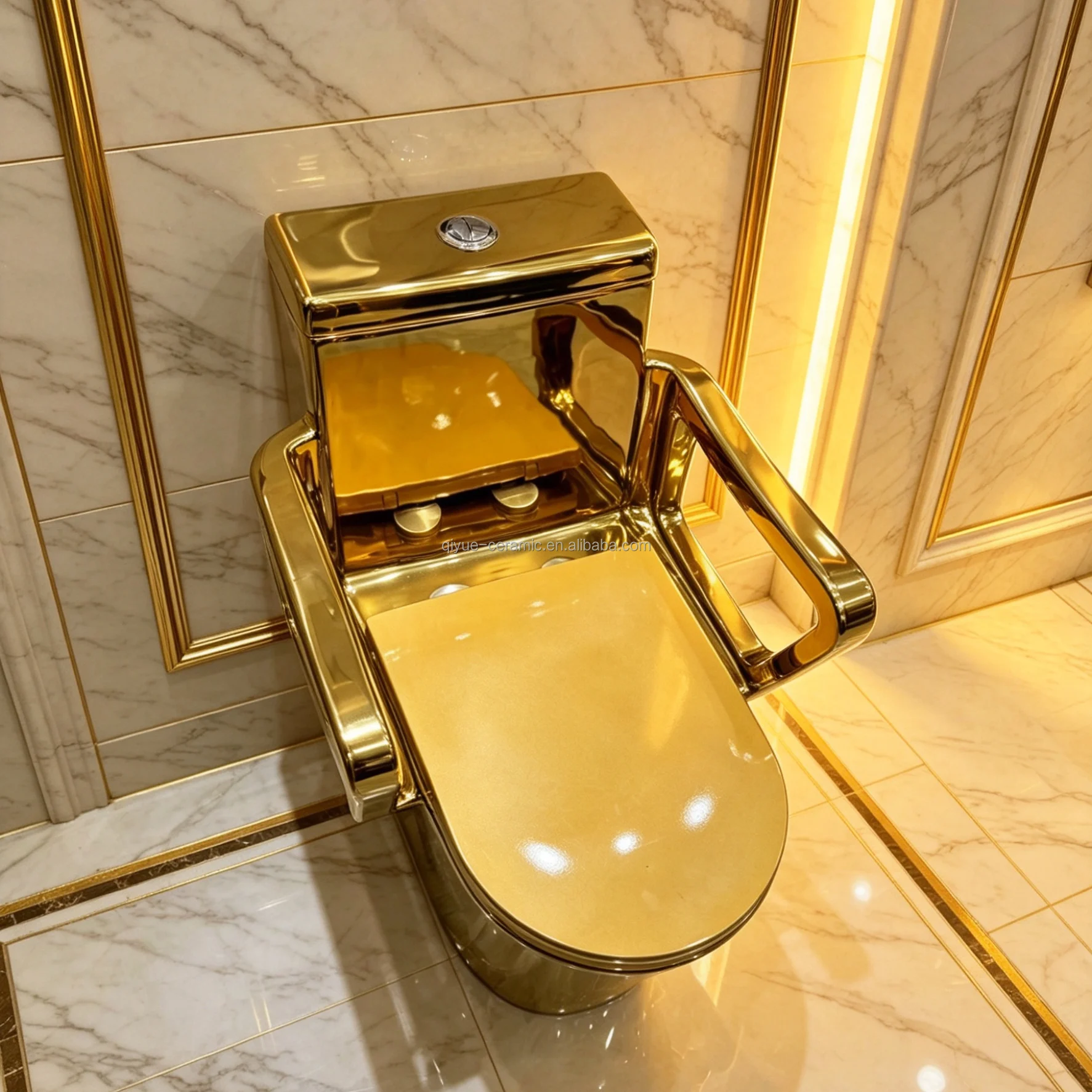 

New Bathroom Sanitary Ware Golden One Piece Armrest WC Toilet Ceramic Electroplated Gold Toilet With Handrails For The Disabled