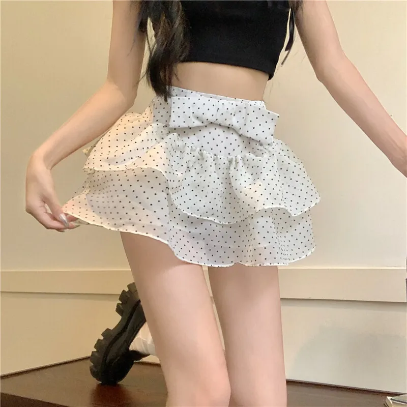 

Mini Skirt Woman Bowknot Polka Dor Summer Fashion Sweet Stretch High Waist Mesh Cake Skirts Ruffles Girl Casual Elegant