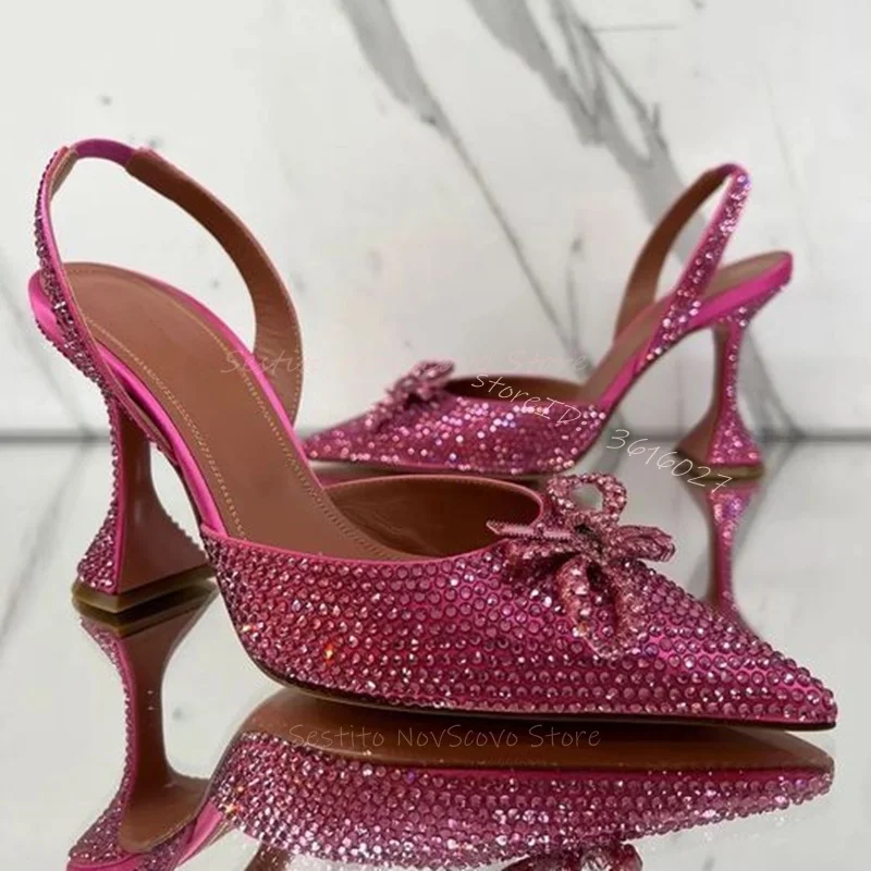 Pointed Toe Rhinestone Sandals with Bow Decor Wine Cup High Heels Slip On Summer Sexy Ladies Dress Party Casual Pumps Slip On