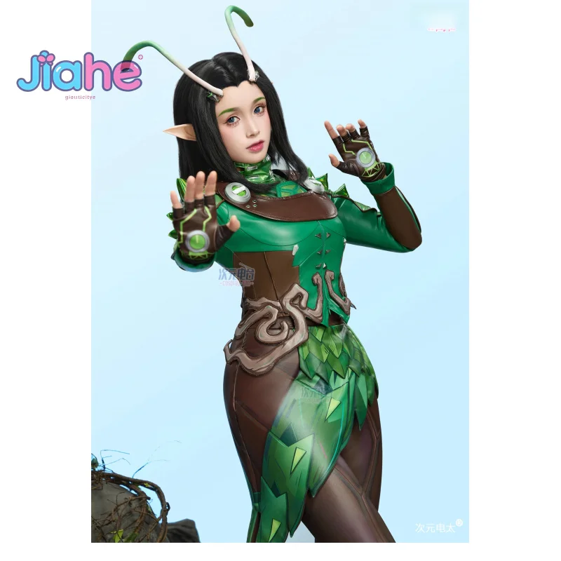 Superhero Mantis Lorelei Rivals Cosplay Costume Women Fantasy Uniform Halloween Green Leather Tight Coat Headwear Gloves Prop