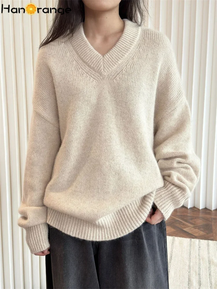 HanOrange 2024 Winter Lazy V-neck Silhouette Wool Sweater Women Soft Loose Knitting Top Apricot/Orange/Purple