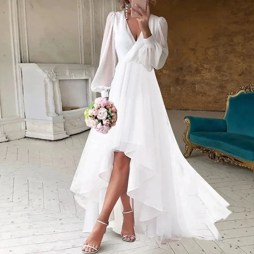 

Deep V Neck Puff Long Sleeve Chiffon Wedding Dress Hi Low Asymmetrical Hem A Line High Low Wedding Dresses Vestido De Novia