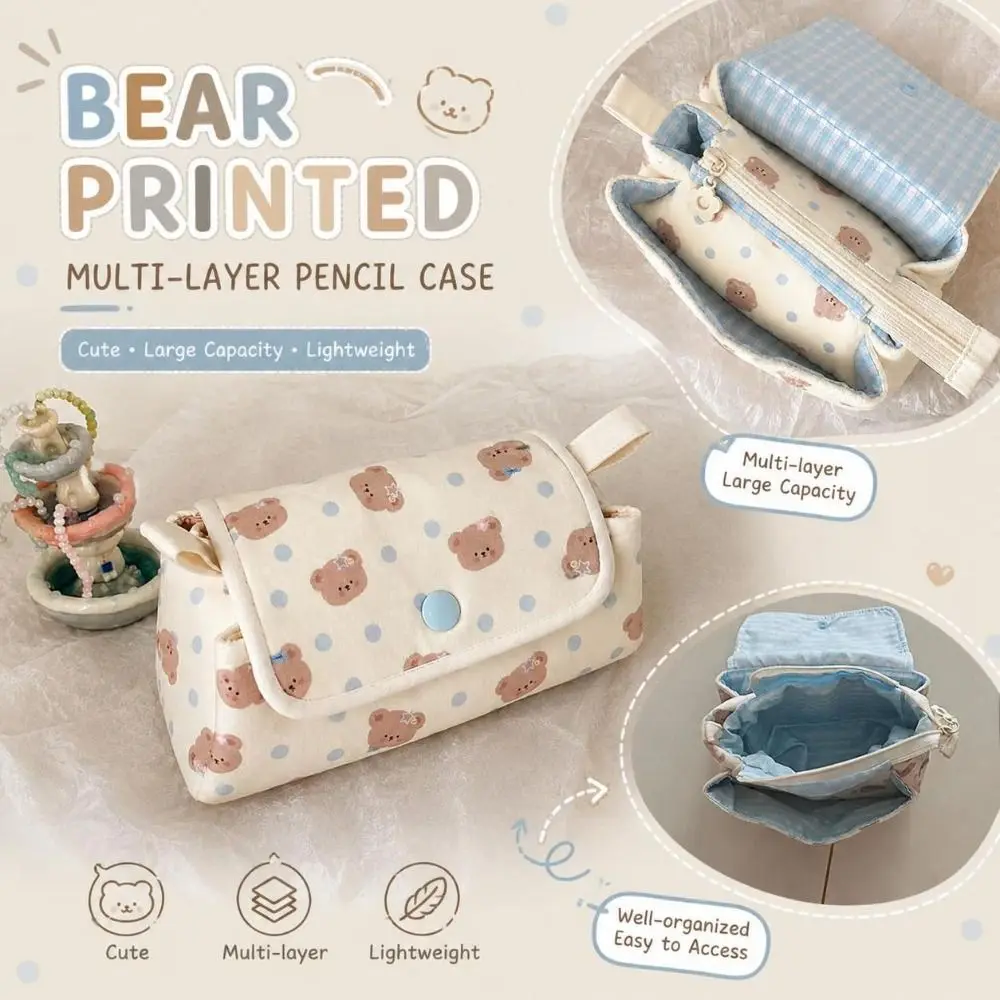 Cute Multi-Layer Pencil Pouch Bear Printed Button-closure Pen Bag Portable Lightweight Cosmetic Storage Bag Students Supplies