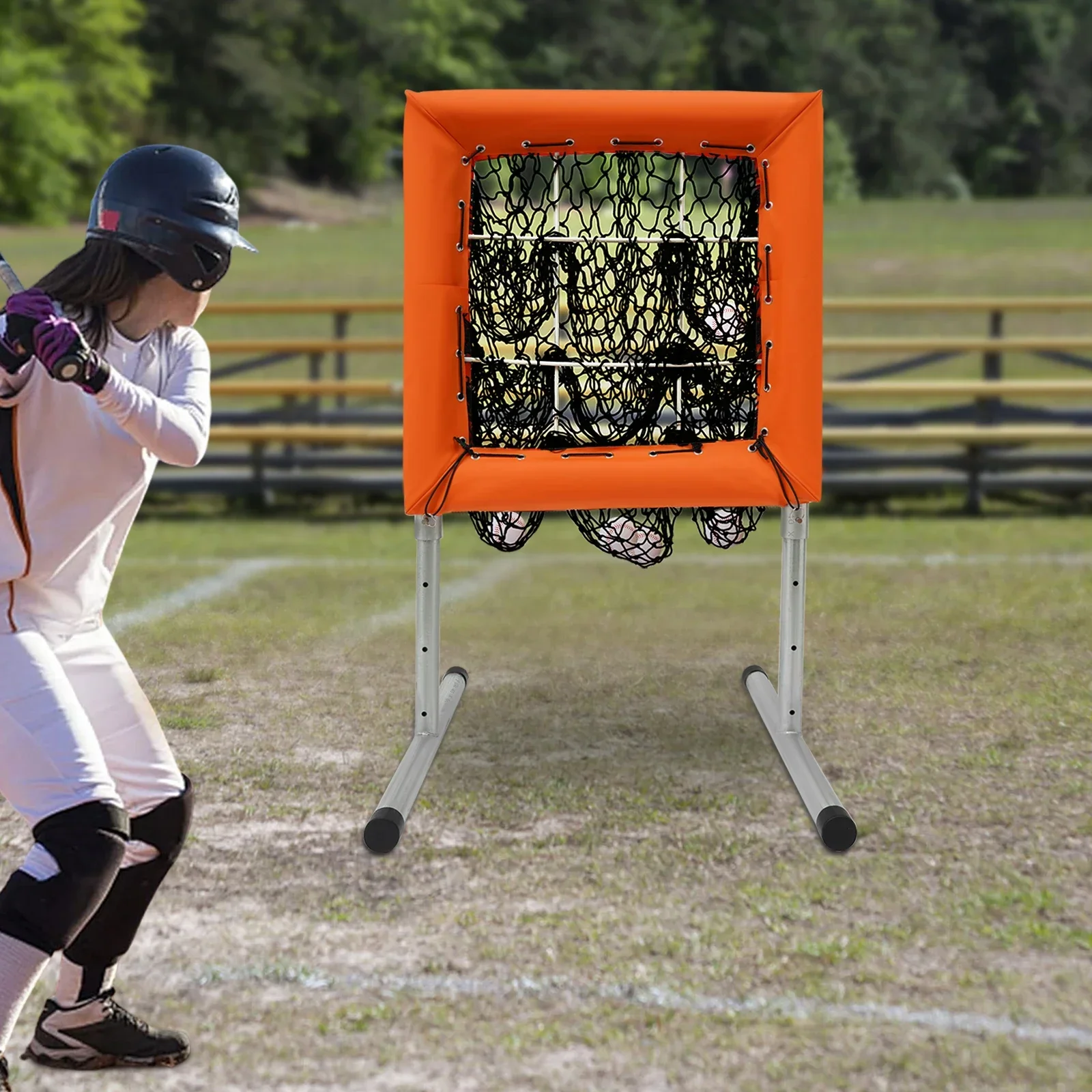 32mm Galvanized Steel Baseball Training Net 70-120cm Adjustable Height Square Pitching Target with 9 Mesh Bags for  Practice