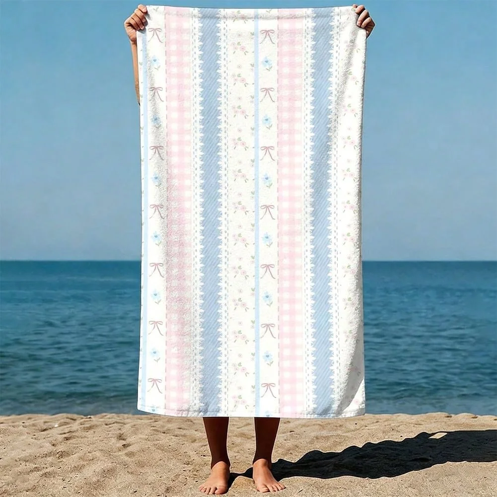 Girly Style Beach Towel Pink And Blue Vertical Stripes With Tiny Bows Cute Aesthetic For Girls Or Teens At Pool Or Shoreline