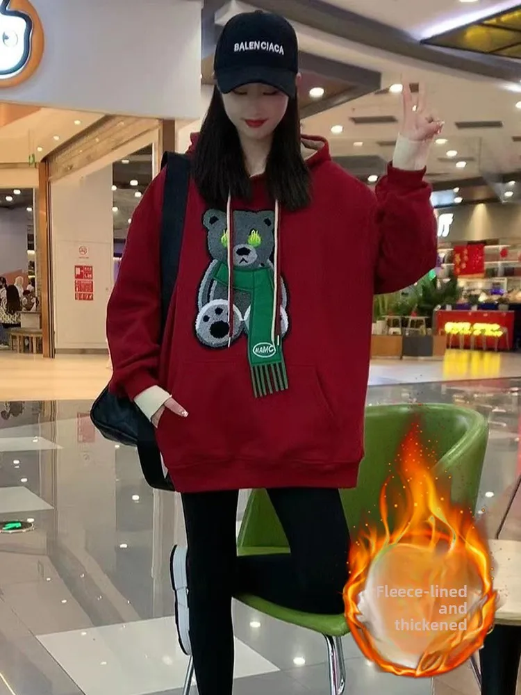 여성용 기모 안감 만화 후드티 캐주얼 다용도 아우터 봄 가을 겨울 루즈핏 롱슬리브 스웨트셔츠