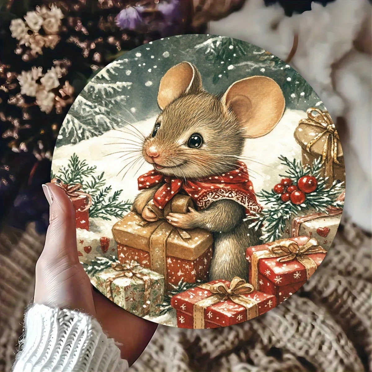 1pc Vintage Christmas Mouse with Gifts Foil Art Round Aluminum Sign, 8x8 Inch Holiday Wall Decor for Home, Kitchen, Garden