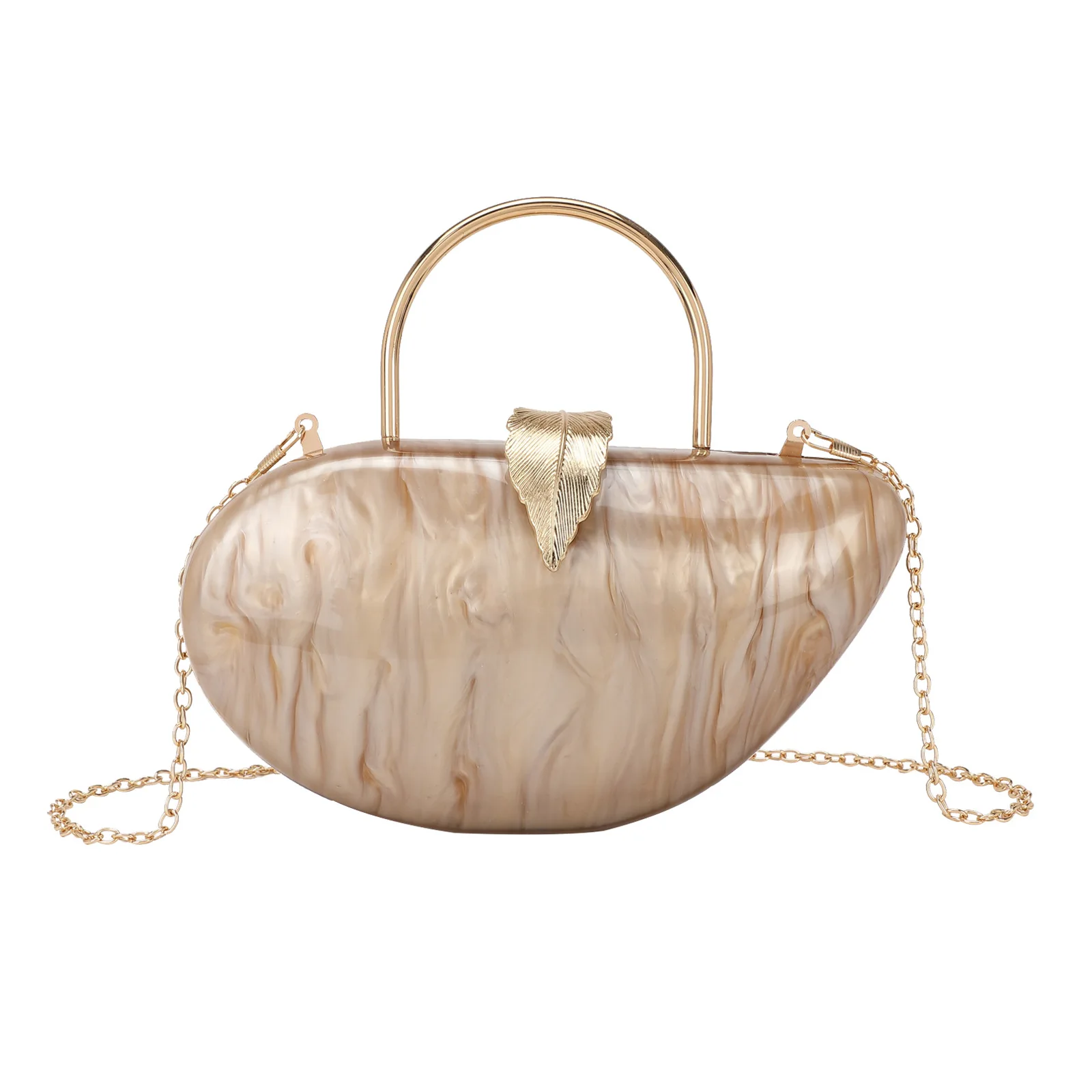 

New Fashionable Women's Acrylic Evening Bag with Leaf Lock, Wristlet, Clutch, Shoulder Chain Bag for Dinner Party