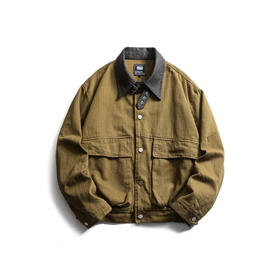 PU Leather Splicing Jackets Mens Streetwear Harajuku Cotton Casual Coats Oversized Vintage Large Pockets Cargo Jacket Male