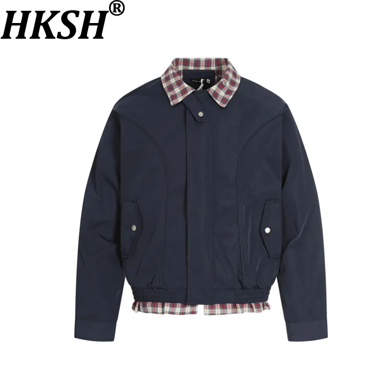 

HKSH Spring Autumn New Man Fake Two-Piece Plaid Patchwork Turn-Down Collar Jacket Loose Casual Safari Style Trendy Coats HK13482