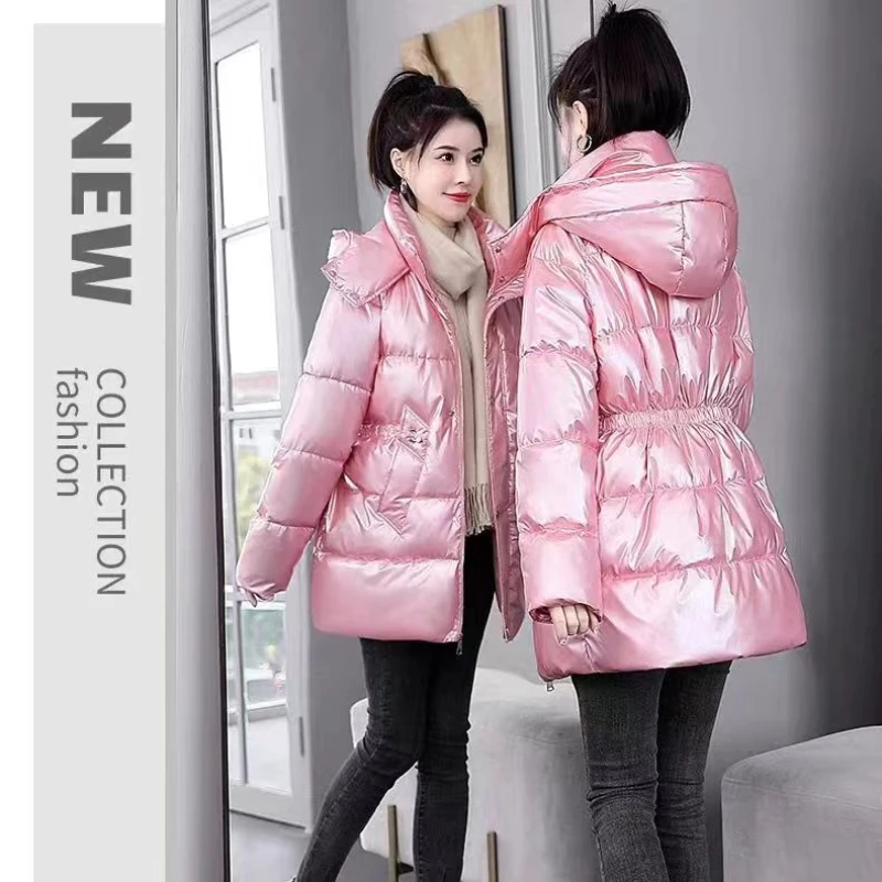 Wash Bright Face Down Cotton-padded Jacket Women Winter Korean Version of Waist Cotton-padded Jacket Fashion Long Cotton-padded