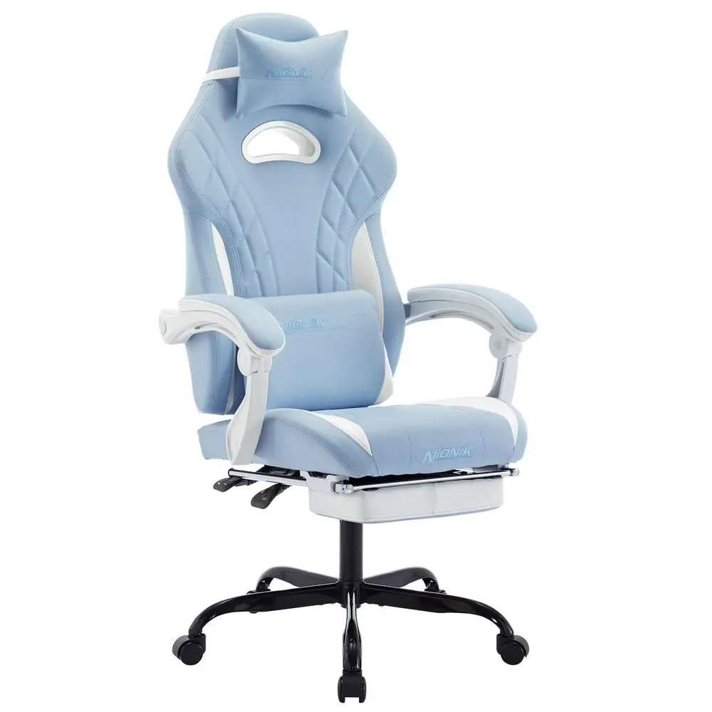 Chair with Footrest and Massage Lumbar Support, Ergonomic Computer Gamer Chair, Office Video Game Chairs Cyan White
