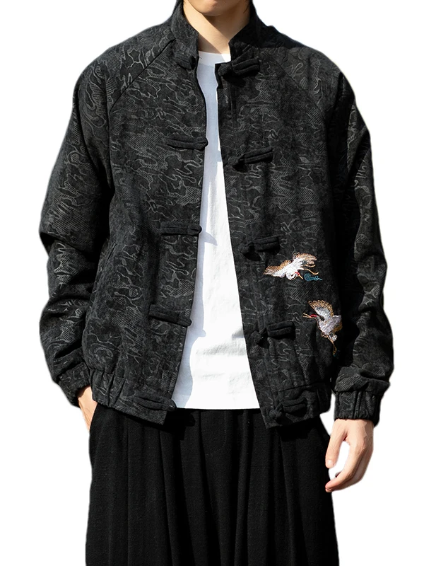معطف رجالي كاجوال فضفاض ومطرز من Ele مطرز بنمط تنين طويل Sve بأزرار وياقة واقفة معطف ريترو Sle #5