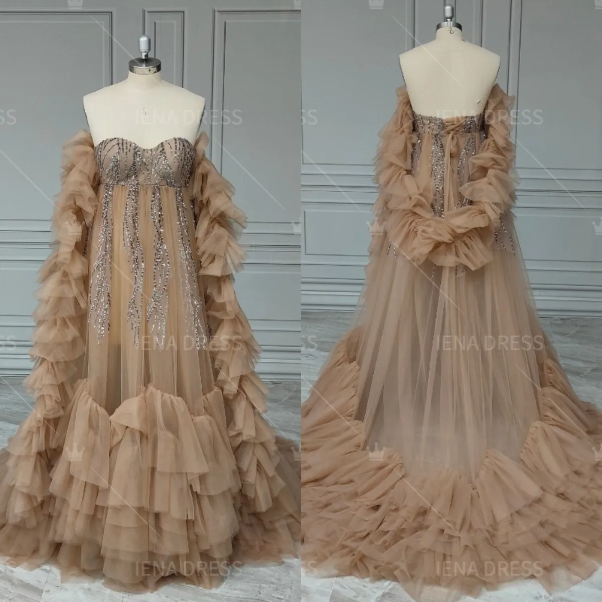 Robe longue à volants perlés rose foncé pour femmes enceintes, robe à épaules dénudées, ourlet ouvert, ALTERfur s pour photoshoot, baby shower, 18138 #